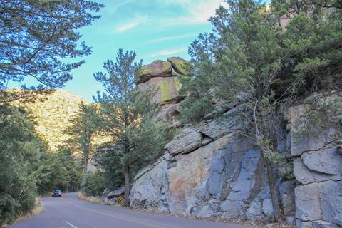 car drives a two lane road with trees on both sides and rocks towering above