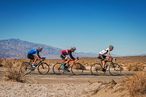 Three cyclists ride on a paved road with desert plants on either side, and mountains in the distance