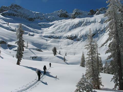 A group of cross country skiers ski up a vast snowy landscape.